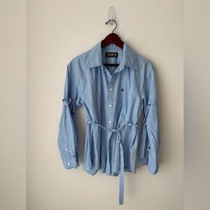 SMFK Sky Blue Striped Tie Waist Shirt Tunic Blouse Cotton XS